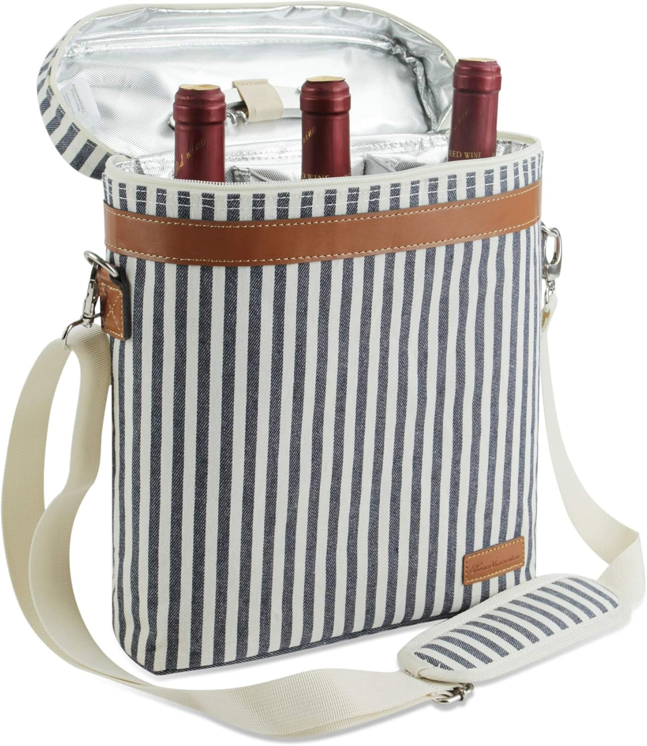 3 Bottle Insulated Wine Tote Cooler Bag, Portable Wine Carrier with Corkscrew Opener and Shoulder Strap for Beach Travel Picnic, Unique Wine Carrier for Wine Lover Gifts